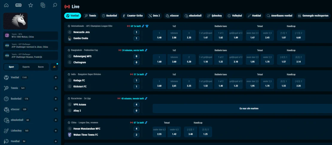 Live sportweddenschappen bij Crystal Roll Casino met voetbalwedstrijden, actuele scores en verschillende quoteringen